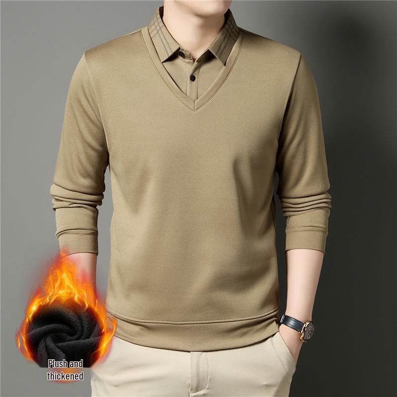 Men's Winter Thickened Velvet Two-Piece Faux Layered POLO Shirt with Warm Lapel - Long Sleeve for Middle-Aged Dad