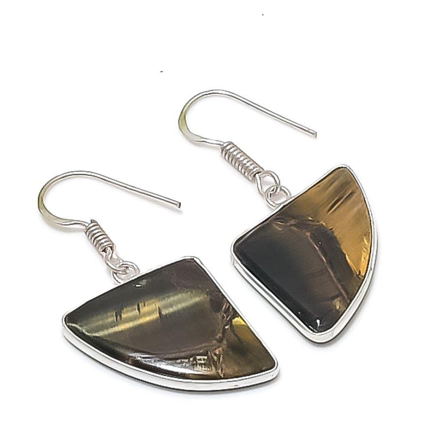 Natural Tiger Eye Gemstone Handmade 925 Sterling Silver Earring 1.62" o0Q33