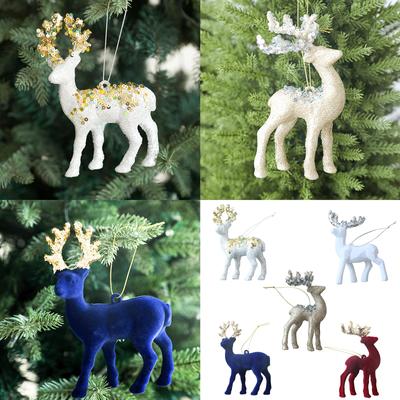 Set of 8 Christmas Reindeers Ornament with Hanging Lanyard Flocking Miniature Deer Pendants for Festives Decorations