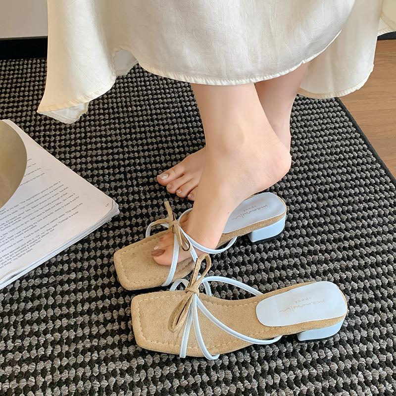 

Ruodan 2025 лето новые французские тапочки женские для улицы летние толстый каблук бант тонкий каблук высокий каблук темперамент маленькие сандалии 35