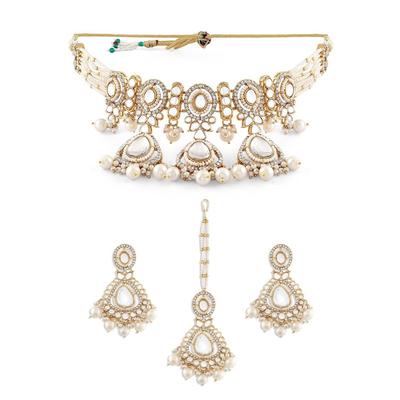 Tone Dazzling Stones Multistrand Beaded Choker Necklace Earring & Maangtikka Set For Women