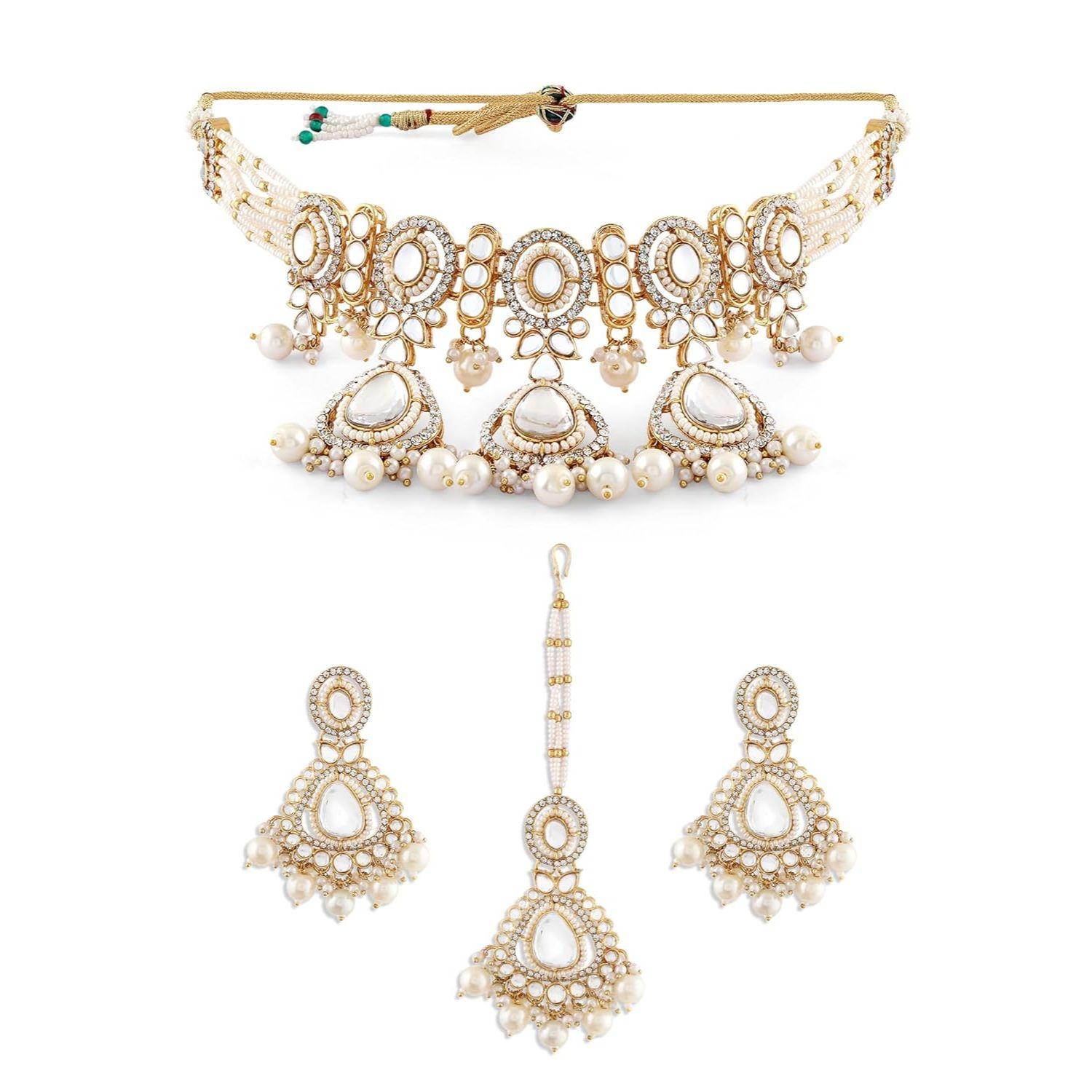 Многорядное ожерелье-чокер с ослепительными камнями, серьги и маангтикка для женщин