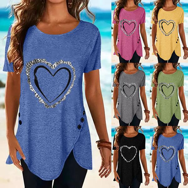 Tops for Women Dandelion Printing T Shirts Round Neck Solid Color Short Sleeve Button Irregular Hem Blouses Tunic Tee