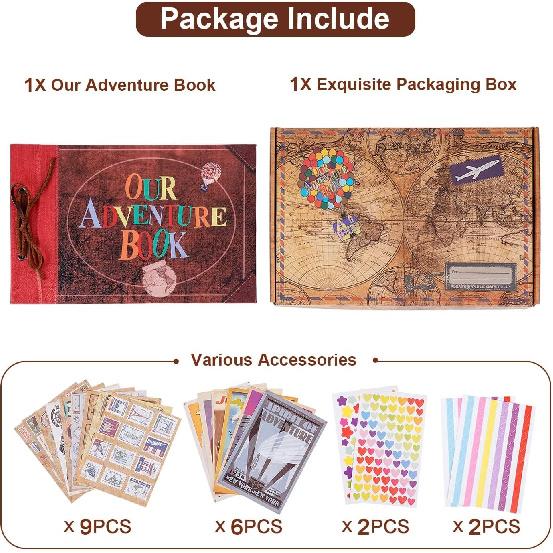 Our Adventure Book Scrapbook Album 11.9 X 7.6 Inch 80pages,3d Retro Embossed Letter Leather Cover Movie Up,Memory Book For Couples,Gifts For