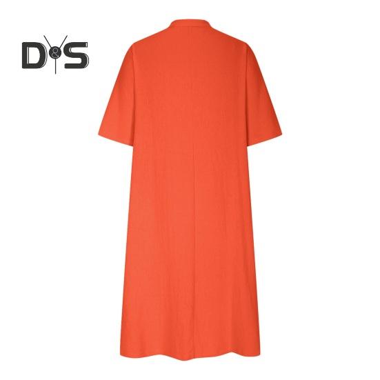 Summer Spring Dress with Pockets Buttoned V Neck Pleated Loose A-line Hem Half Sleeves Solid Color Midi Dress for Daily Wear Party Dating