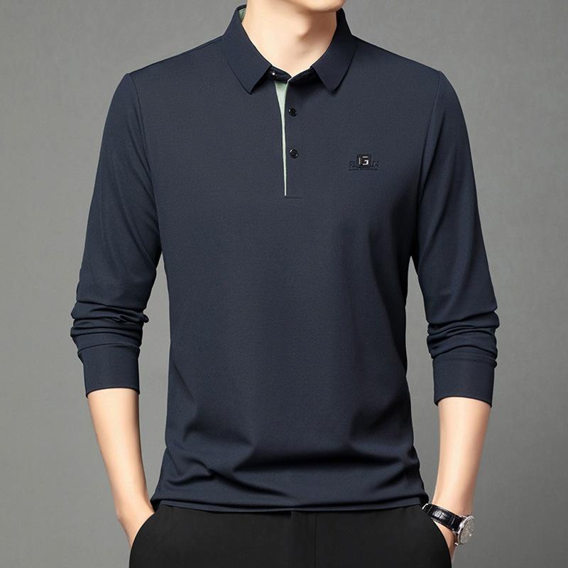 Long-Sleeved Polo Shirt Men'S Simple Casual Bottom Lapel Printed T-Shirt Bottom Shirt