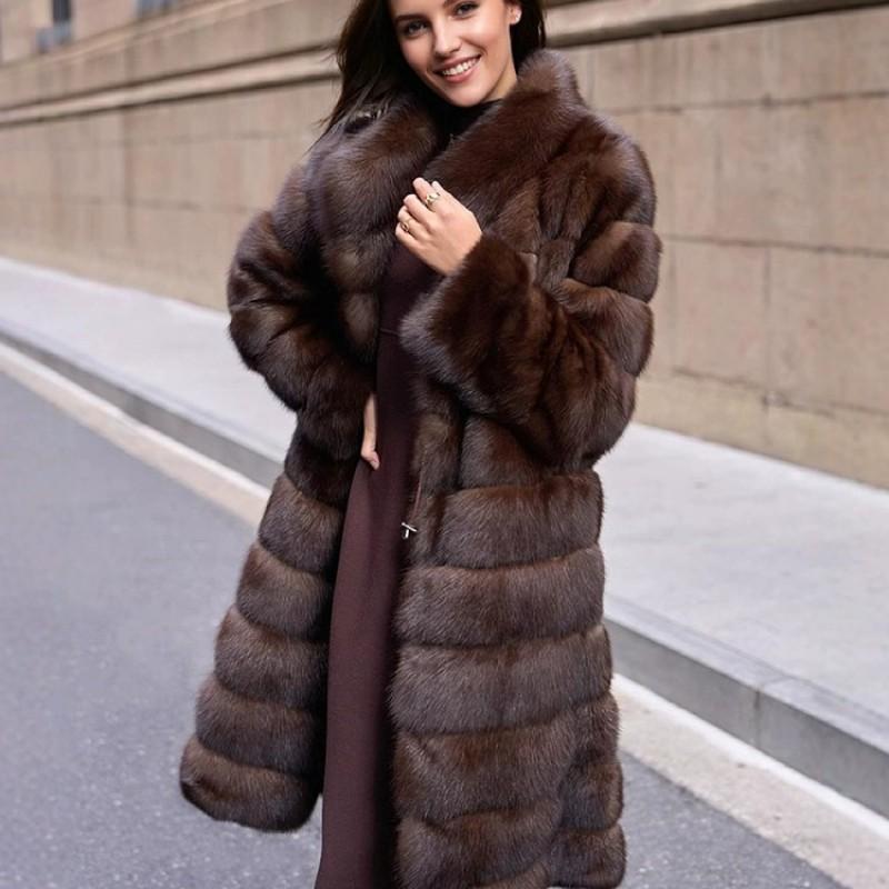 Womens Faux Mink Coat With Stand Collar Thick Winter Warm Mid-Length Artificial Fur Jacket Office Elegant Style
