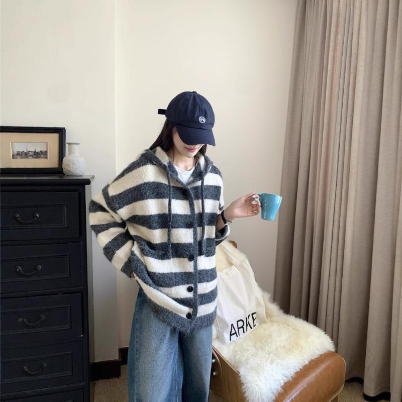 Hooded Striped Knitted Cardigan Women's Medium and Long Autumn and Winter New Alpaca Wool Pocket Sweater Jacket Women