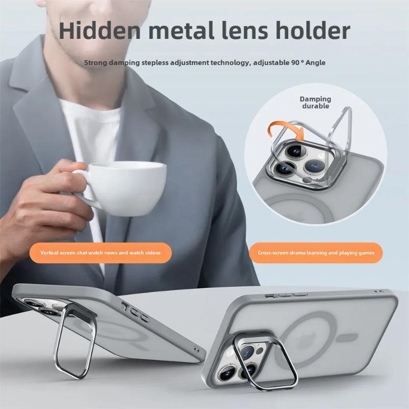 Metal Lens Stand Magnetic Magsafe Case For iPhone 17 16 15 14 13 12 Mini 11 Pro Max Plus Matte Shockproof Wireless Charge Cove