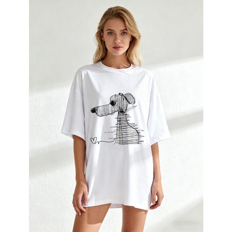 Oversized T Shirt Black Dachshund Dog With Heart Print Casual Wear For Women Summer Outfit Streetwear Fashion Top
