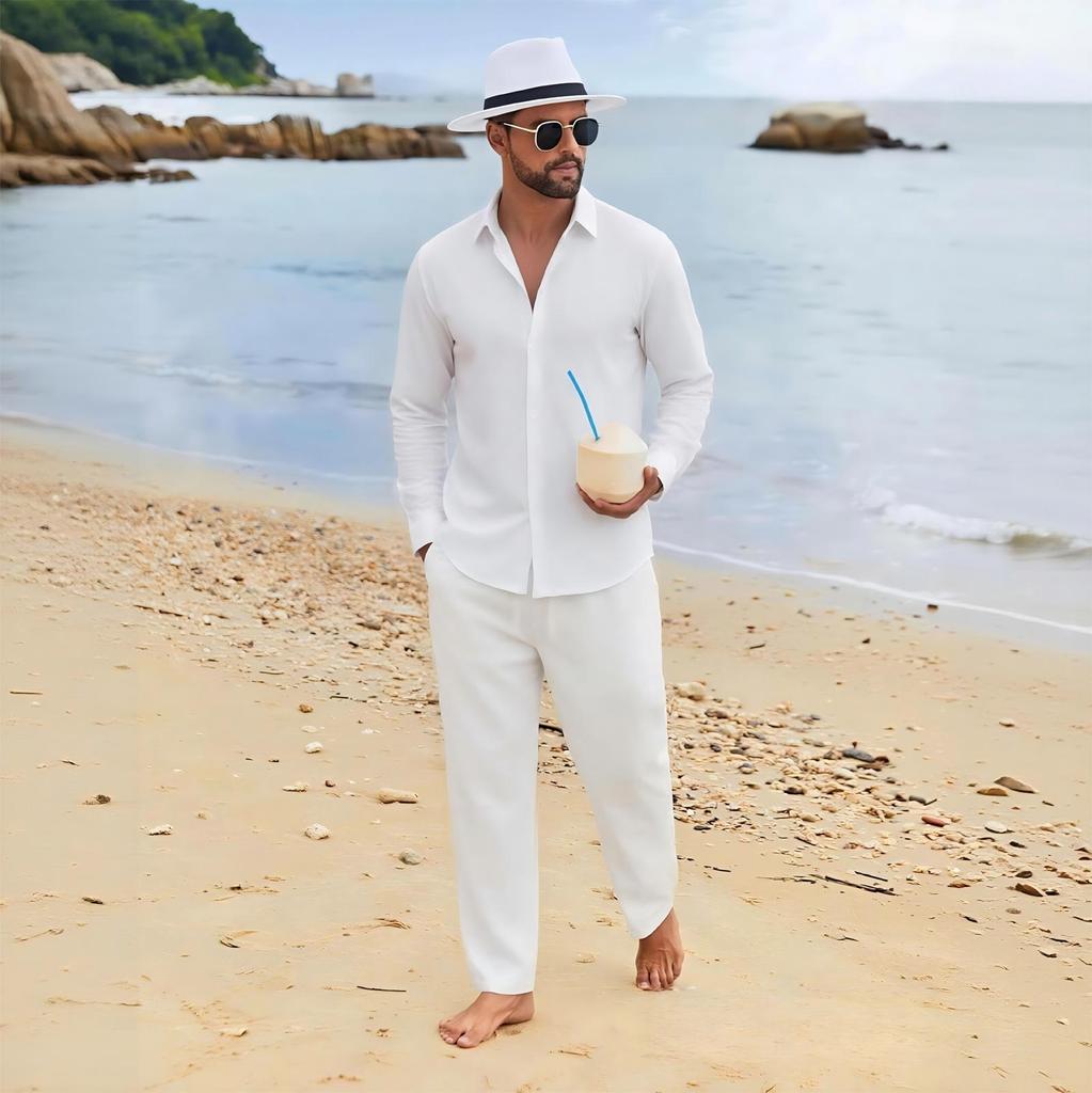Men's Linen Relaxed Fit Long Sleeve Shirt and Pants Beach Set for Summer