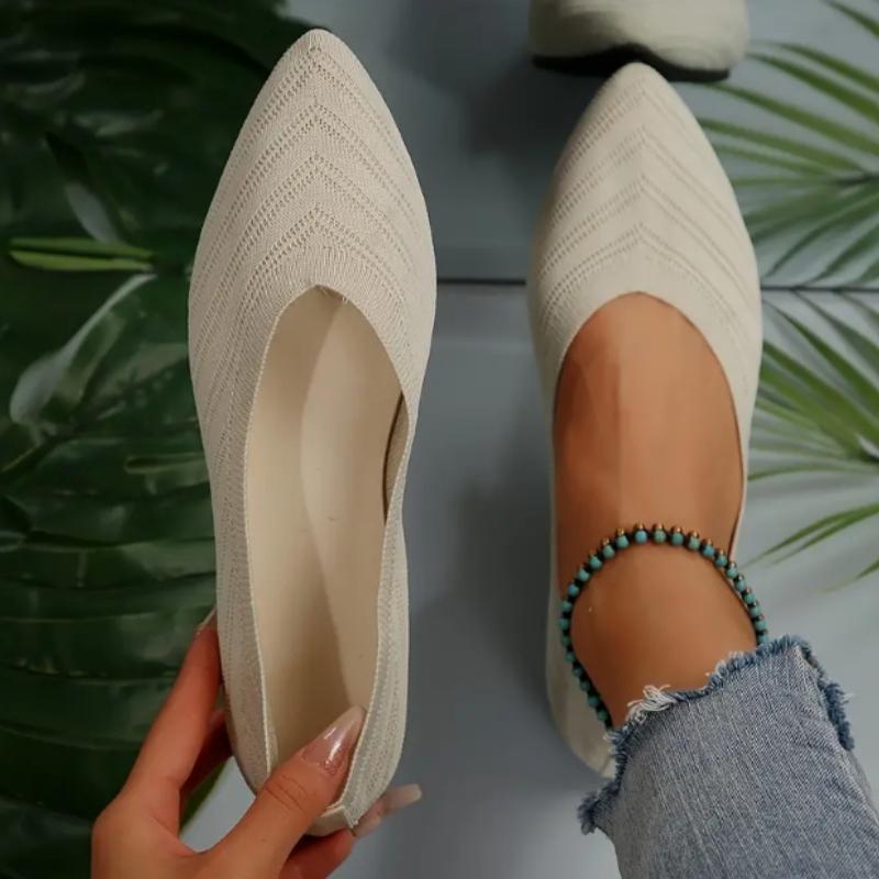 Женские туфли с острым носком на плоской подошве однотонные вязаные туфли без застежек повседневная дышащая обувь 35 бежевый 1425₽