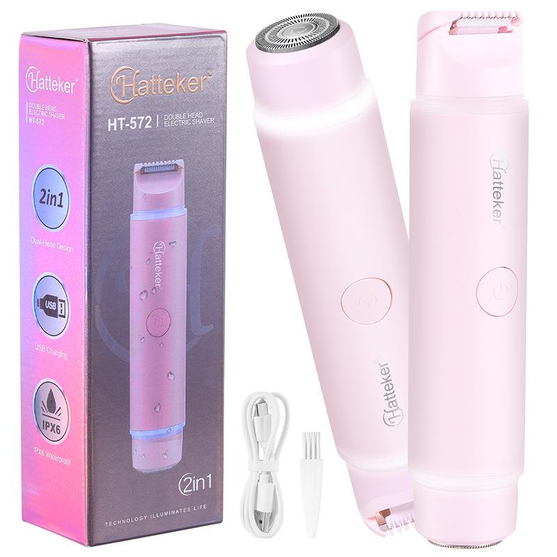 Женский электрический эпилятор и триммер Hatteker с двумя головками для интимной зоны, лобковых волос, подмышек и ног.