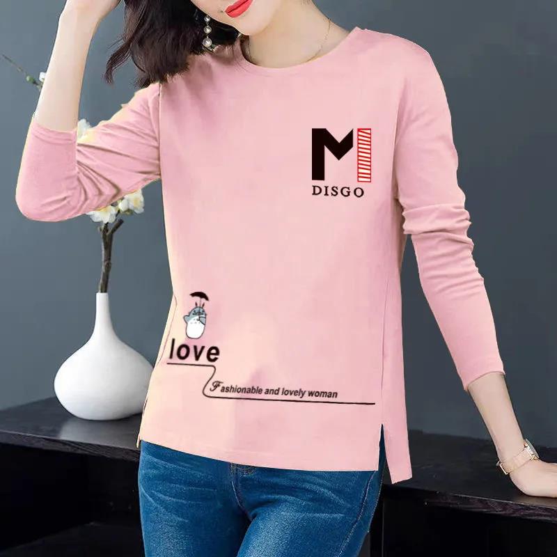 M Print Pullover Spring Women T-Shirt Long Sleeve Bottoming Shirt Casual Split Top