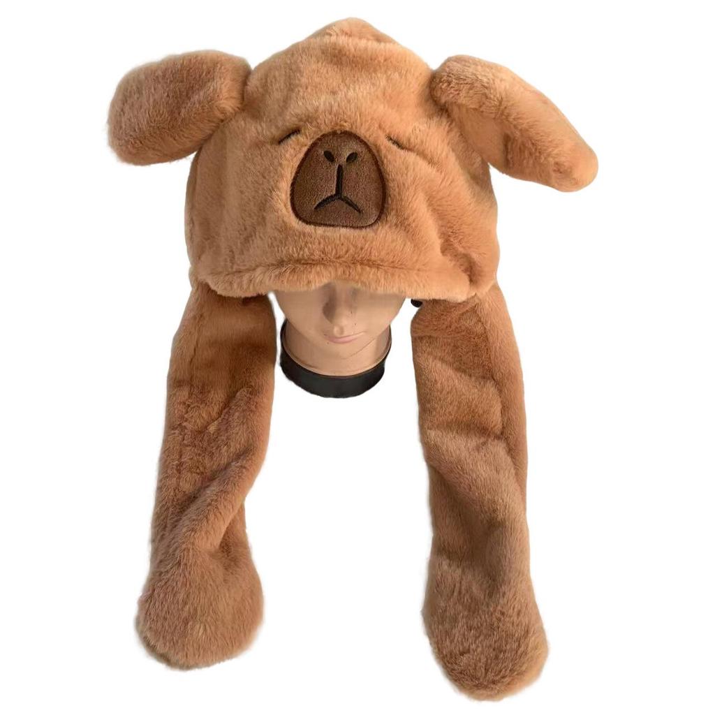 Net Celebrity Capybara Ear-Moving Plush Hat - Cute, Warm, and Neck-Protecting for Autumn and Winter