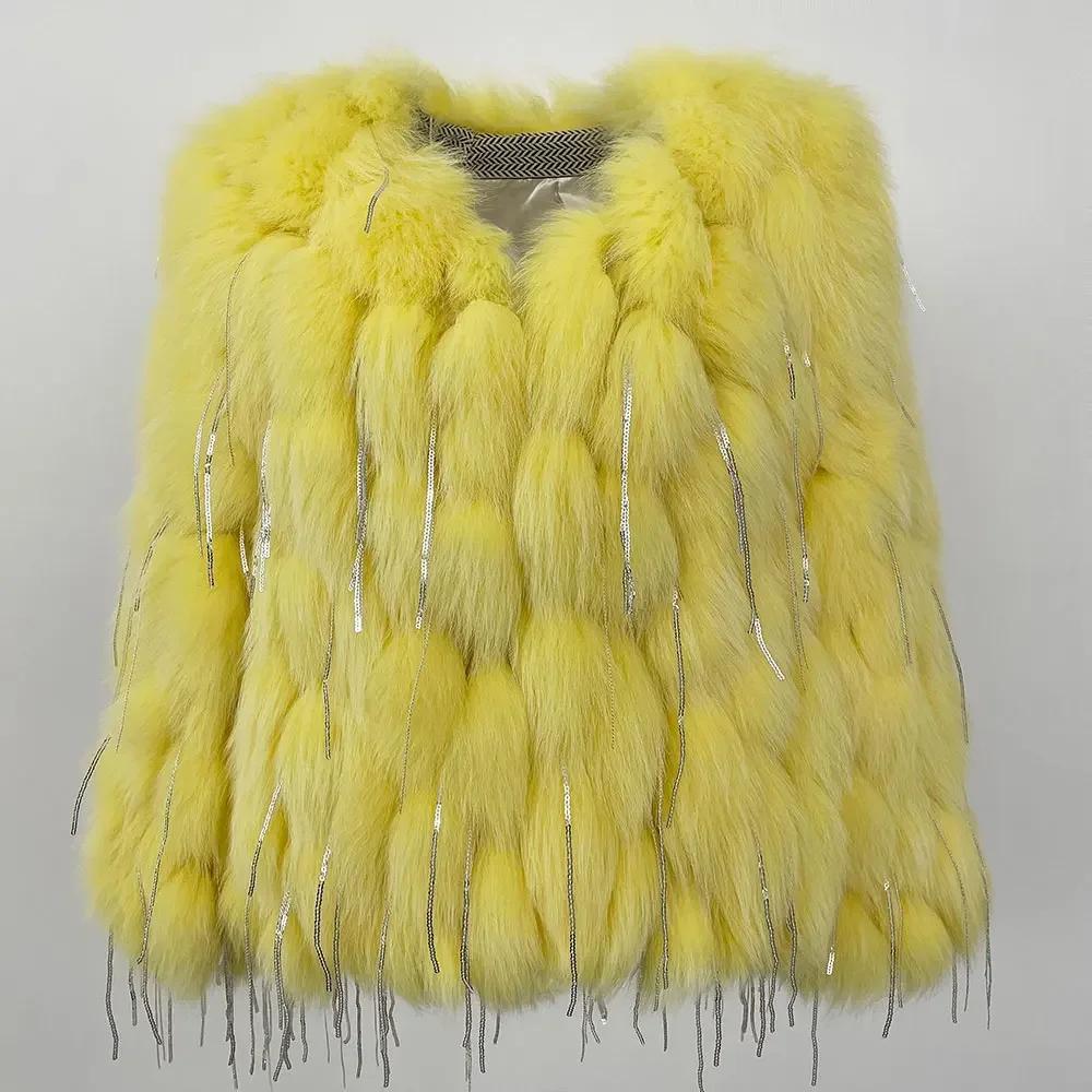 

OFTBUY Зимняя теплая шуба из натурального меха лисы, плетеное пальто, женское с V-образным вырезом, роскошное свободное уличное повседневное натуральное меховое пальто One Size жёлтый