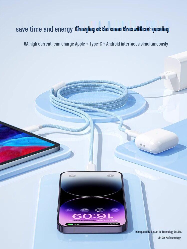Andmai 100W Three-in-One Fast Charging Cable for Apple Devices: Multi-Head Car Charger