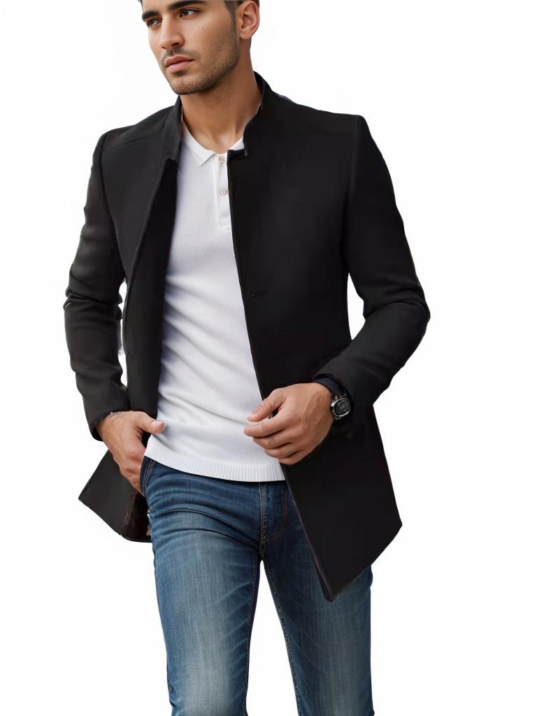 European Size Men's Spring/Fall Slim Fit Woolen Coat - Solid Color Youth Suit