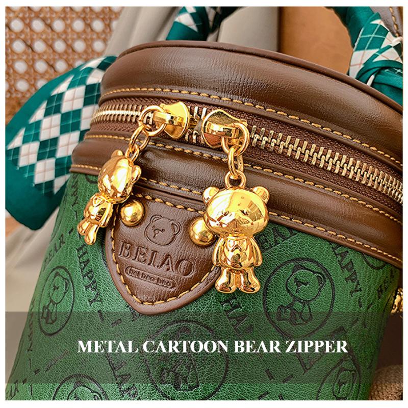 Fashion High Luxury Women's Bucket Bags Cute Cartoon Bear Letter Embossed Cylinder Messenger Bag with Exquisite Pendant Ladies Single Shoulder Bags