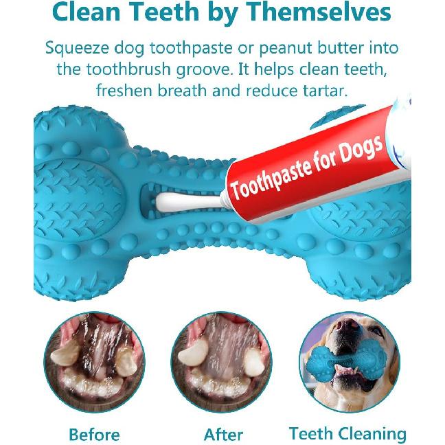 SCHITEC Squeaky Dog Chew Toy, Tough Durable Natural Rubber Bone with Toothbrush, Indestructible for Aggressive Chewers Large Medium Breed Teeth