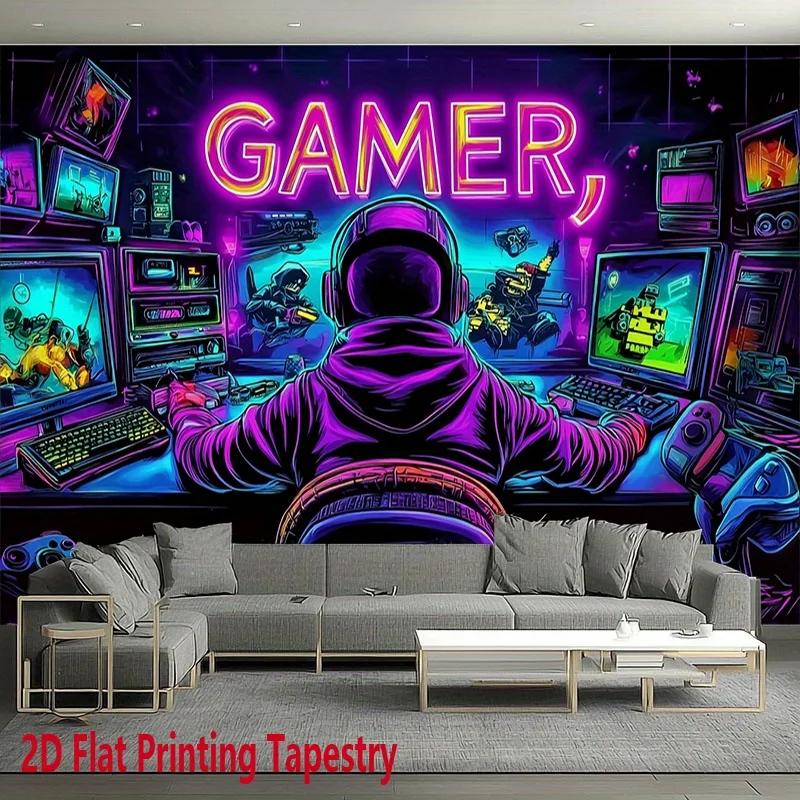 Neon Gamer Tapestry, Purple Blue Gaming Wall Hanging with Gamer Boy & Screens for Bedroom & Gaming Room 100X70CM