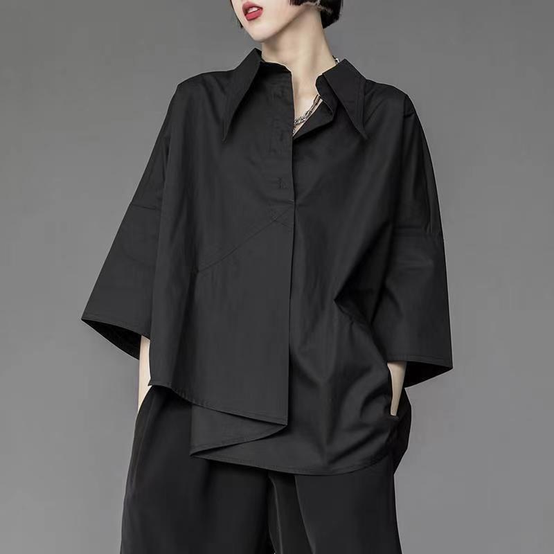 Women's Black Loose-Fit Irregular Top with Three-Quarter Sleeves
