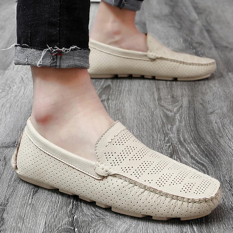 Mens Genuine Leather Loafers Breathable Hollow Out Flats Casual Slip On Driving Shoes Moccasins Summer Big Size