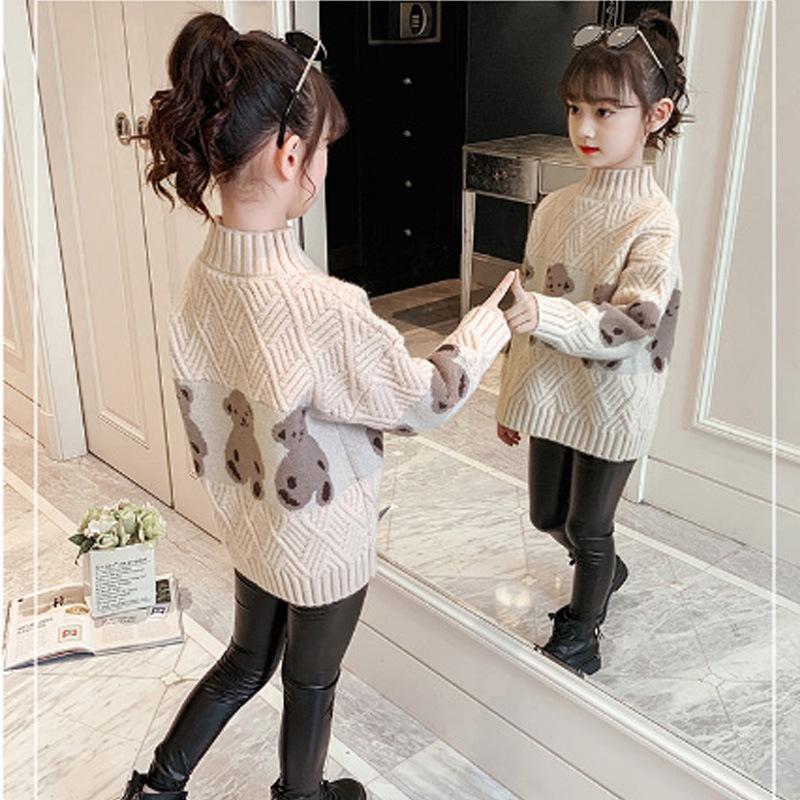 Girls Korean Style Fleece-Lined Sweater, Thick, Knitted, Half-High Neck, Autumn/Winter, Medium to Large 110cm