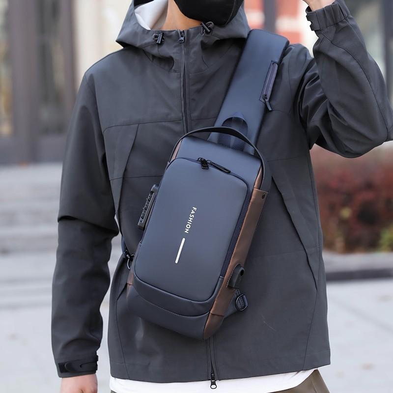 Men's Anti-Theft Chest Bag with Password Lock & USB Port Waterproof Crossbody Sling Backpack for Travel Work Cycling