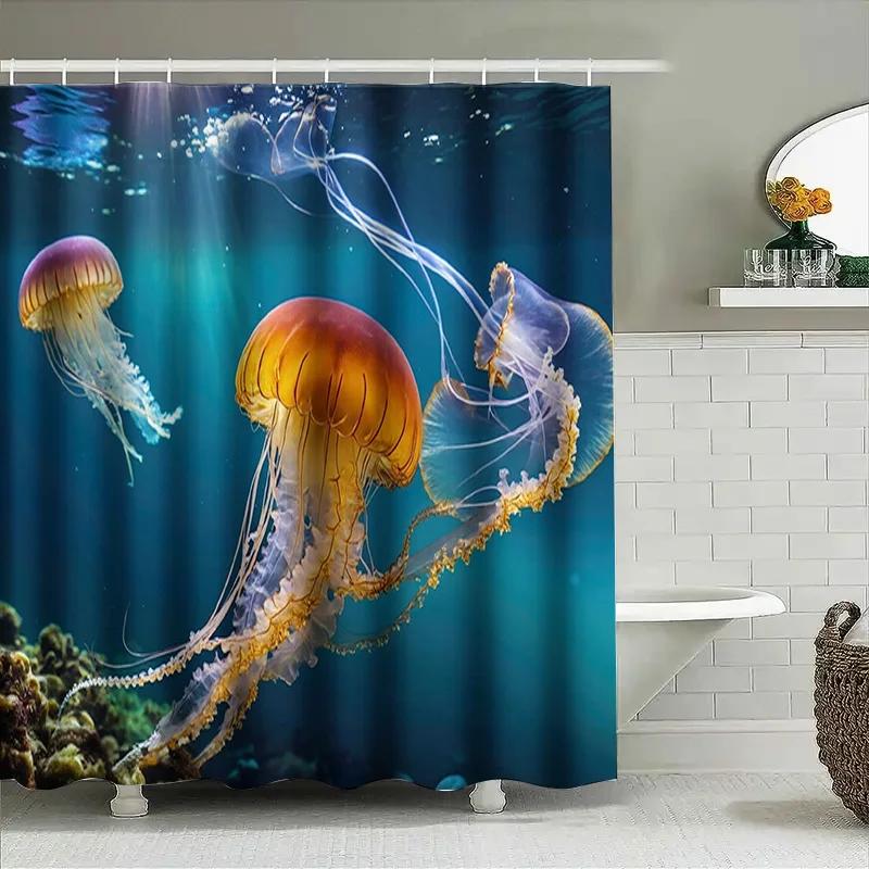 Blue Ocean Jellyfish Shower Curtain Vivid Underwater Scene Print Home Decor Watermelon Bathing Room Accessories