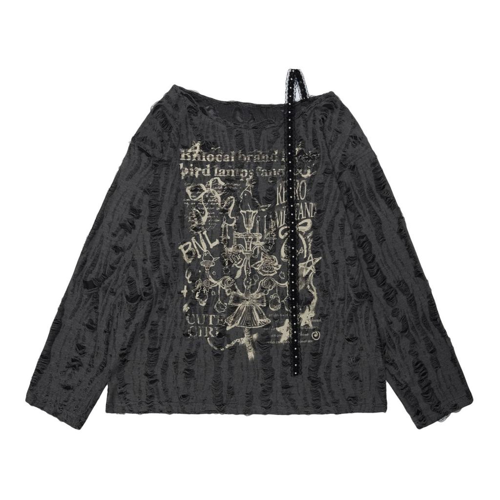 2KWEIRD Y2k Aesthetic Sexy Off Shoulder Lace Patchwork T-shirt Streetwear Letter Printing Tshirts Women Grunge Hole Loose Harajuku Tees