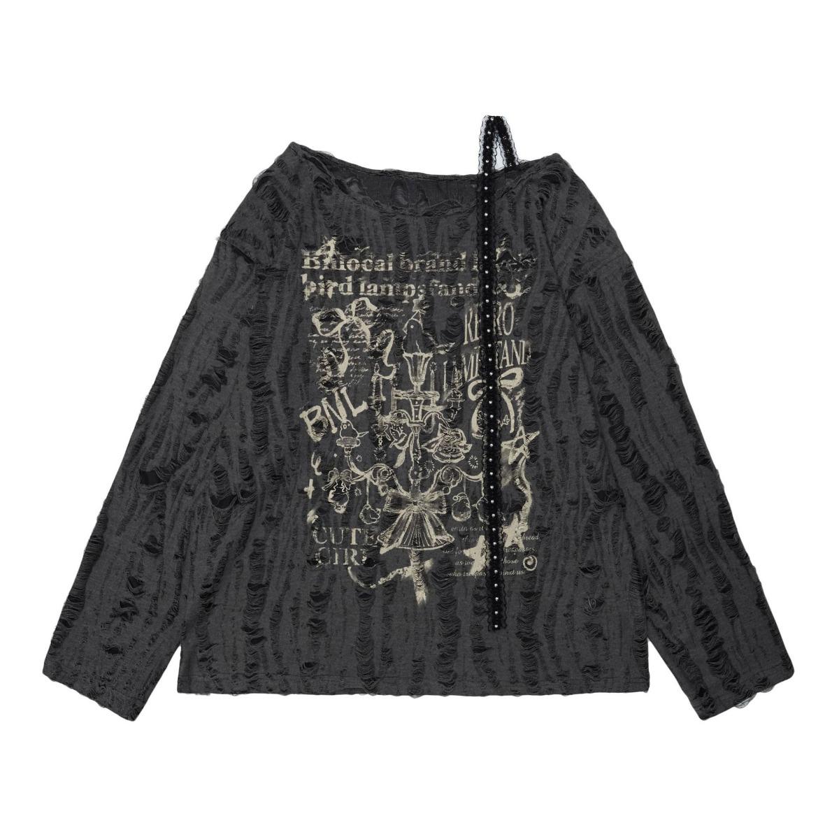 

VAYLA Y2k Aesthetic Sexy Off Shoulder Lace Patchwork T-shirt Streetwear Letter Printing Tshirts Women Grunge Hole Loose Harajuku Tees L серый