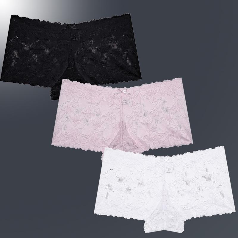 3ks/Sada Dámské Sexy Krajkové Kalhotky Průhledné Spodní Prádlo s Květinovými Listy V-Pas Boyshort pro Ženy Měkké Intimní Prádlo
