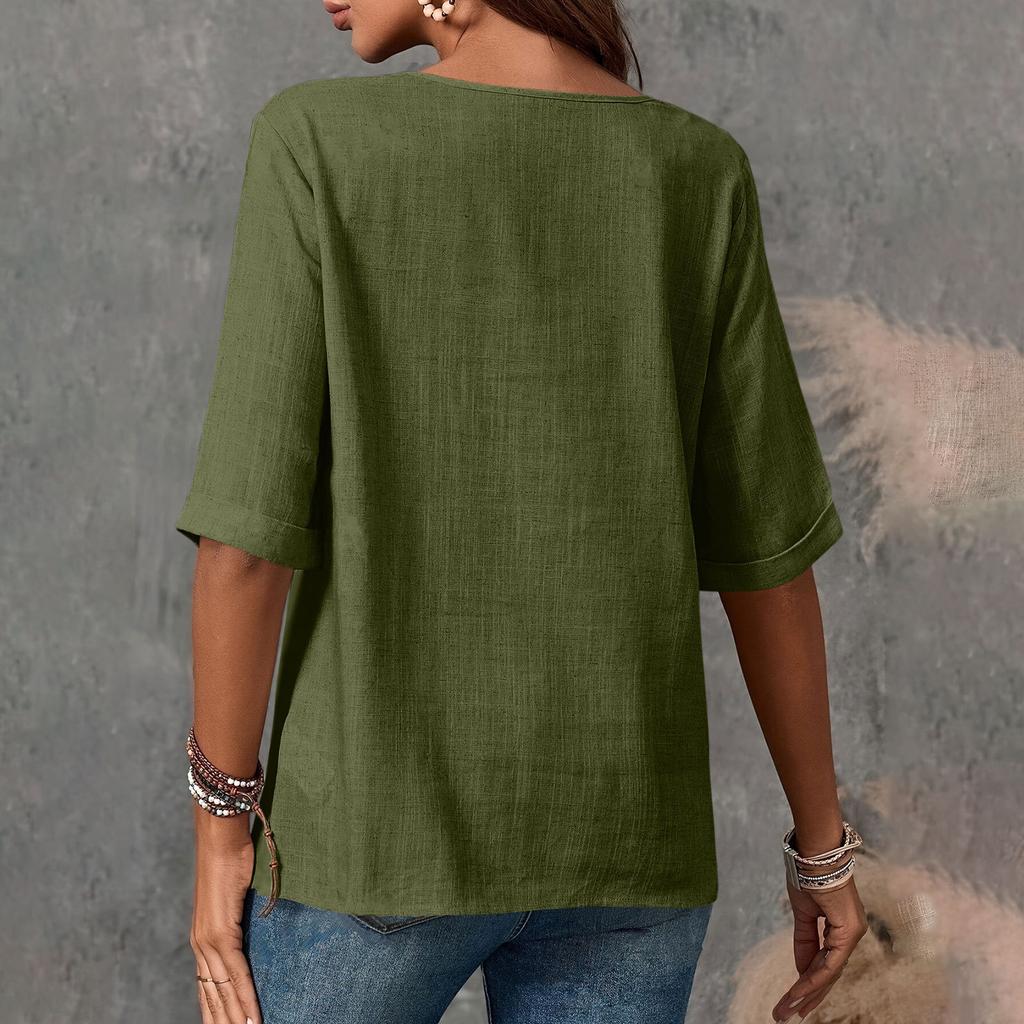 New Women's Cotton And Linen Button,down Casual Top
