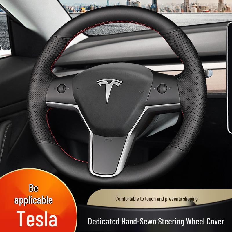 Tesla Hand-Stitched Genuine Leather Steering Wheel Cover for Models 3/Y/X/S - Full Coverage, Anti-Slip Grip.