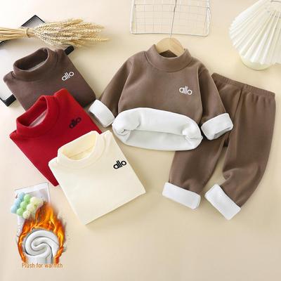 Conjunto de Roupa Íntima Térmica de Veludo para Crianças Meninos e Meninas - Top de Gola Alta e Calças para Outono/Inverno.