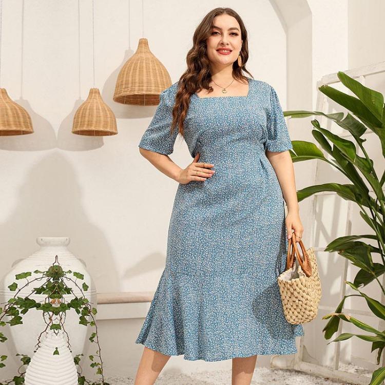 Women Plus Size Floral Summer Dress Square Neck Short Sleeve Slim Fishtail High Waist XL 5XL