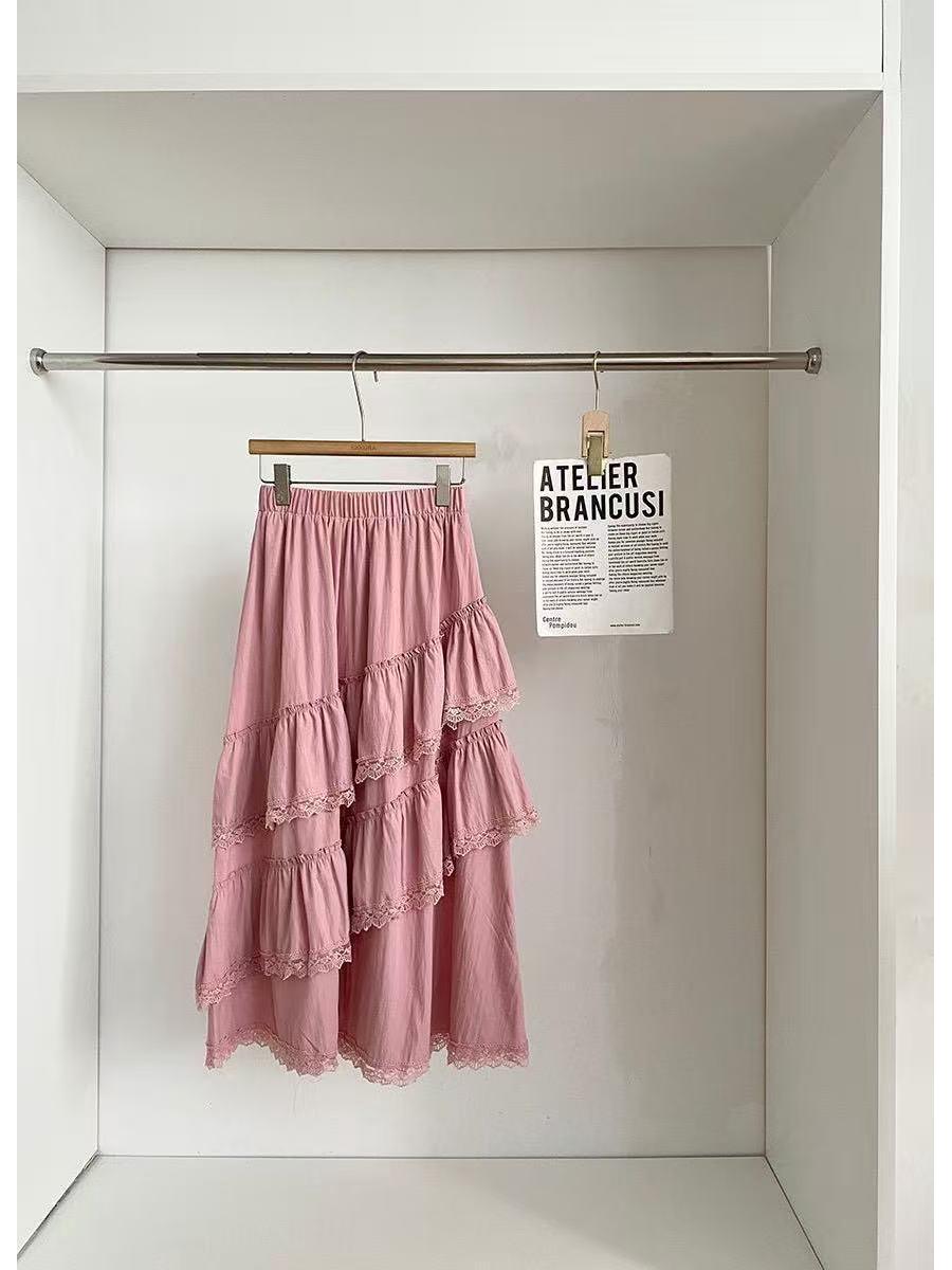 Women s Autumn/Winter Lace Trim Ruffle Skirt One Size розовый