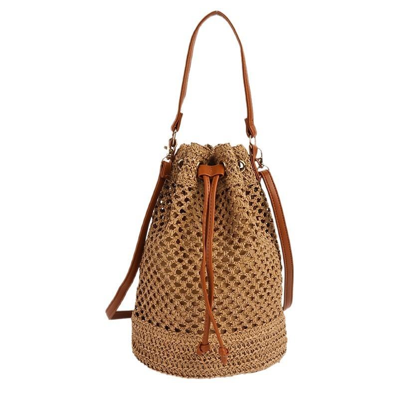 

New Versatile Hollow Straw Bag One Shoulder Handwoven Bag Large Capacity Holiday Beach Crossbody Bucket Bag Women Drawing tape хаки