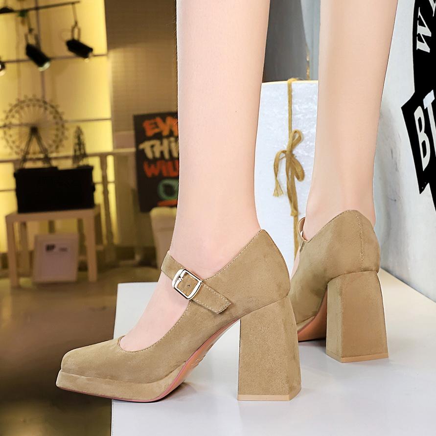 Scarpe da Donna Tacco Alto Stile Retro Europeo e Americano, Tacco Grosso, Tacco Alto, Plateau Impermeabile, Fibbia in Metallo, Cinturino Dritto, Scarpa Singola