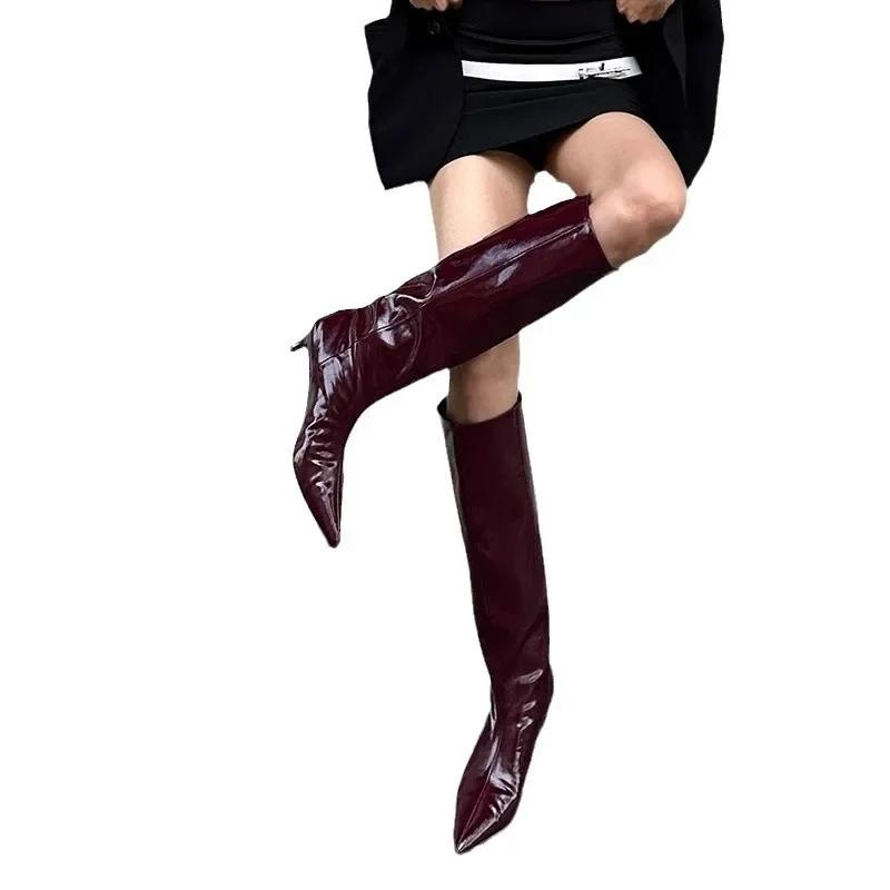 Leather High-Top Long Boots For Women Wine Red Pointed Toe Slip On Botas Largas De Mujer Kitten Low Heels Mature Burgundy Paten
