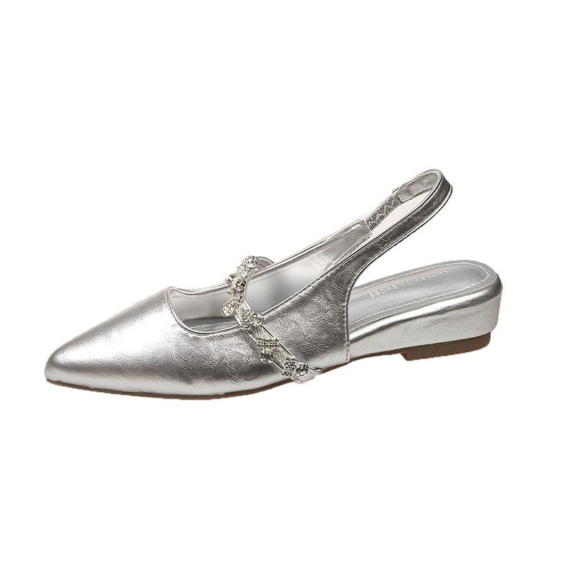 One word with rhinestone sandals women's summer new bag head half drag flat shoes pointed single shoes women's outer wear
