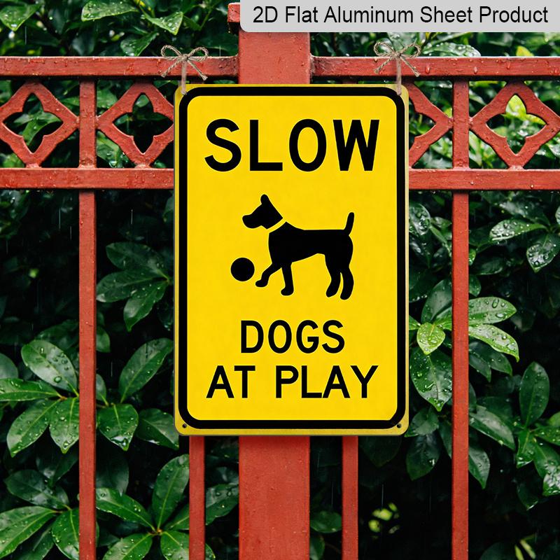 2D Flat, Slow Dogs At Play" Vintage Metal Yard Aluminum Sign, 8x12 Inch - Durable Outdoor Decor with Labrador Retriever Illustration for Home