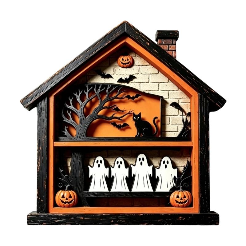 Ghostly Table Signs Halloween Table Centerpieces Tiered Tray Decors Wooden Halloween House Scene Accent for Shelf Use, Standing Indoor Display Piece