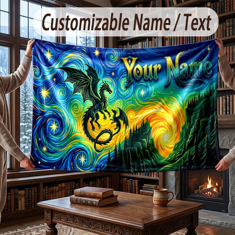 Dragon Theme Throw Blanket Custom Name Text Personalized Blanket Soft Cozy Blanket for Home Sofa Bed