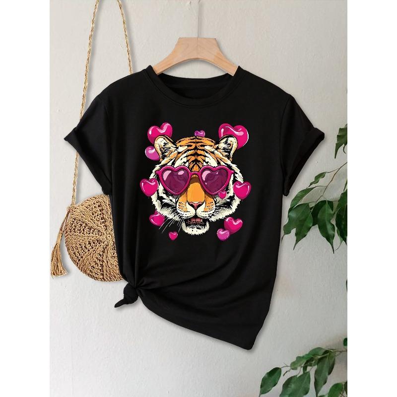 Plus Size, Women's Plus Size Stretchy Graphic T-Shirt - Bold Tiger Face with Heart Fashion Glasses - Soft Everyday Tee for Parties,