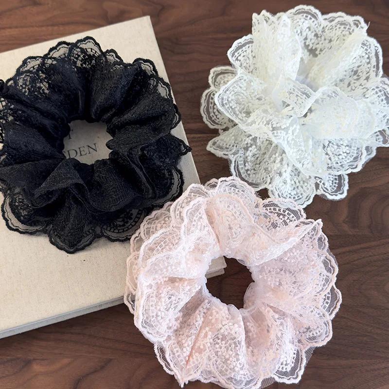 Retro Lace Flower Edging Multilayer Hair Scrunchies Womens Romance Headbands Girls Sweet Head Rope Female Fashion Party Hair Tie