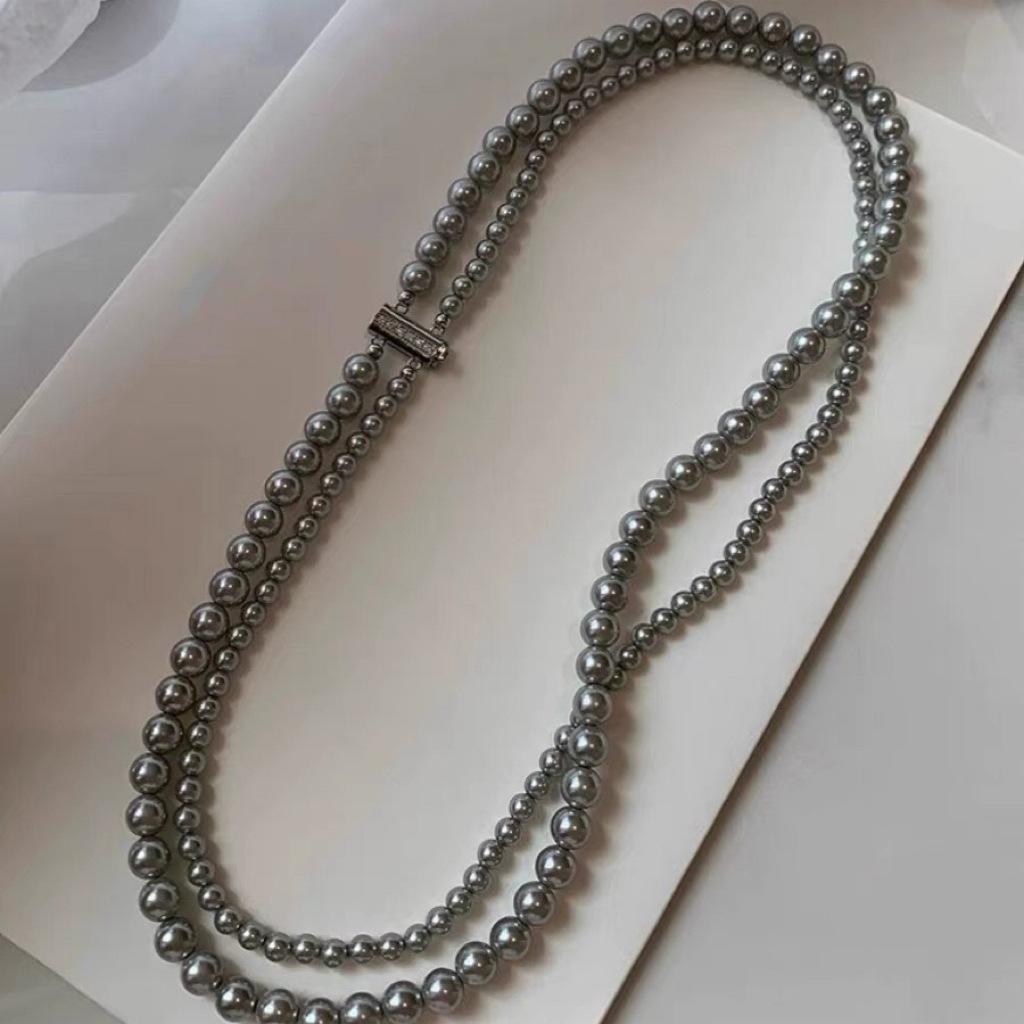 Shijia Zhenduo hemp silver gray double-layer pearl long sweater necklace premium stacked collarbone neck chain