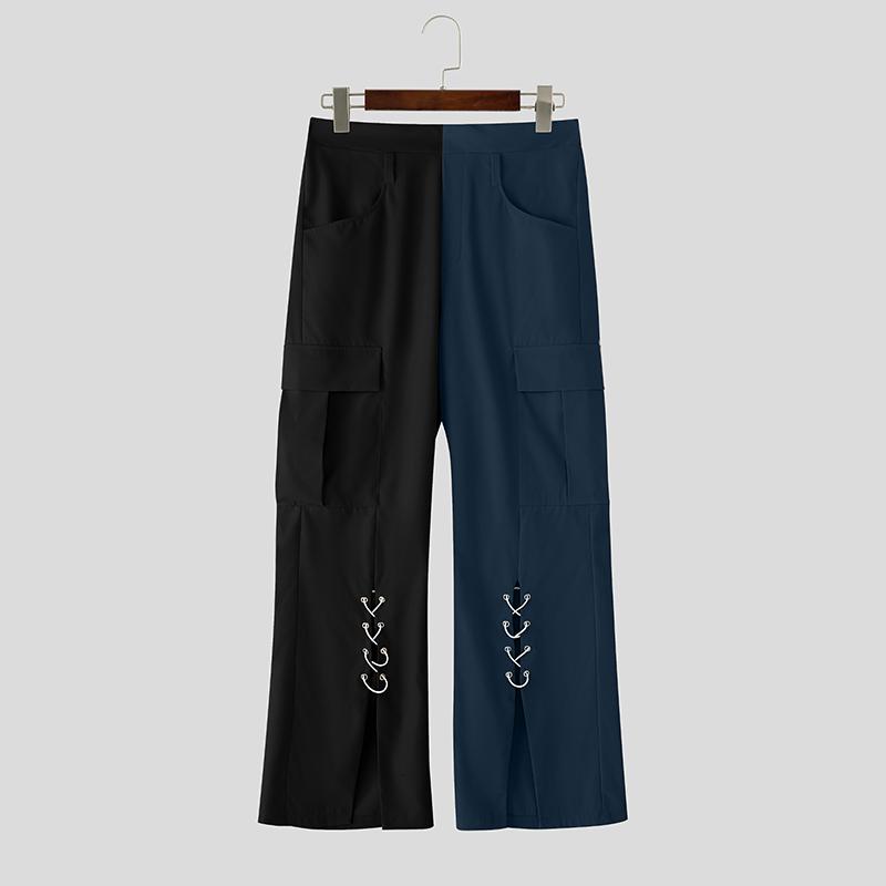 

INCERUN Men Zip-up High Waist Stitching Bandage Casual Long Flare Trousers Pants 5XL синий