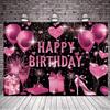 Růžové zlato Happy Birthday pozadí, černý růžově zlatý narozeninový banner, růžově zlatá dekorace s logem Happy Birthday